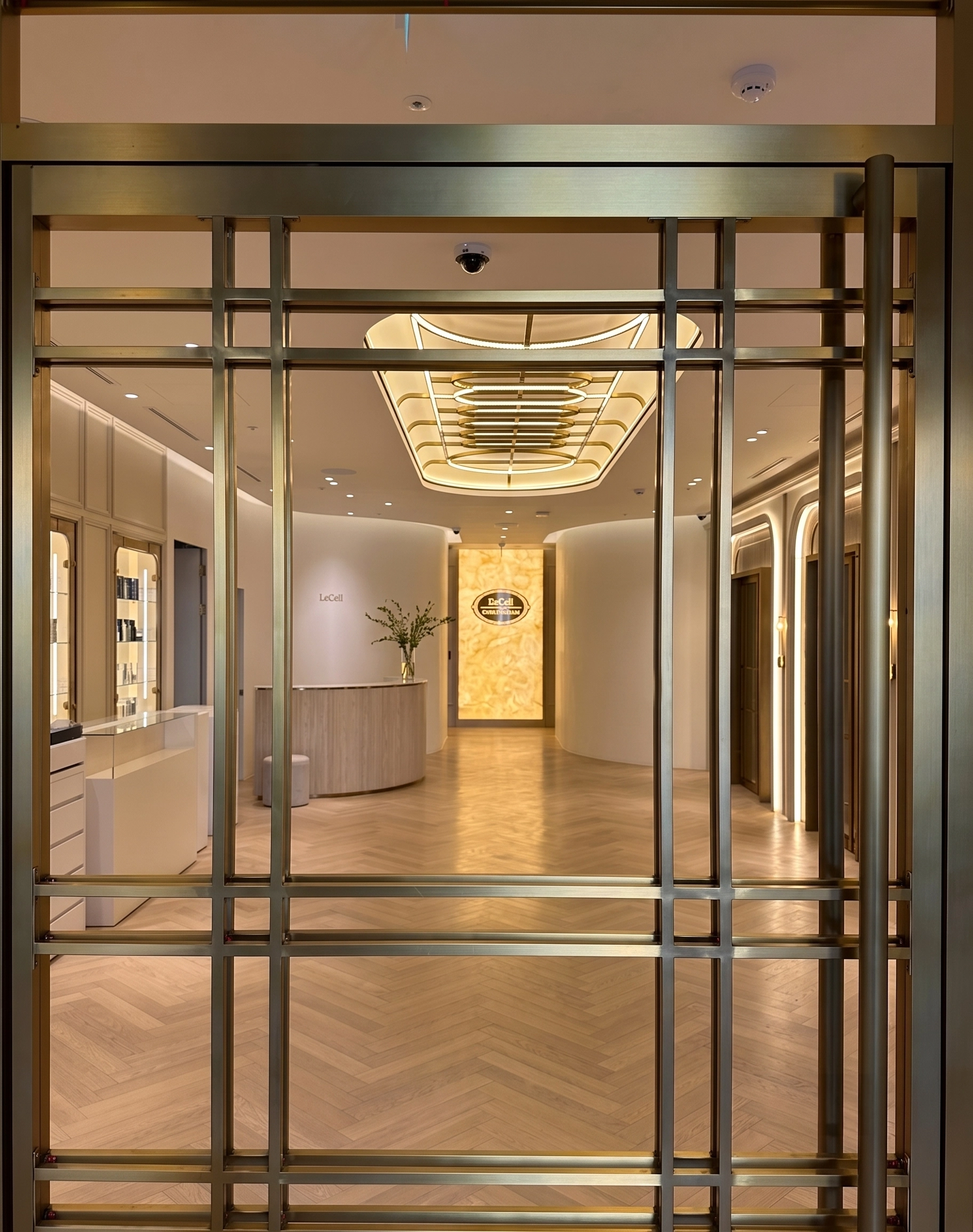 Reception seen through the brass grille doors