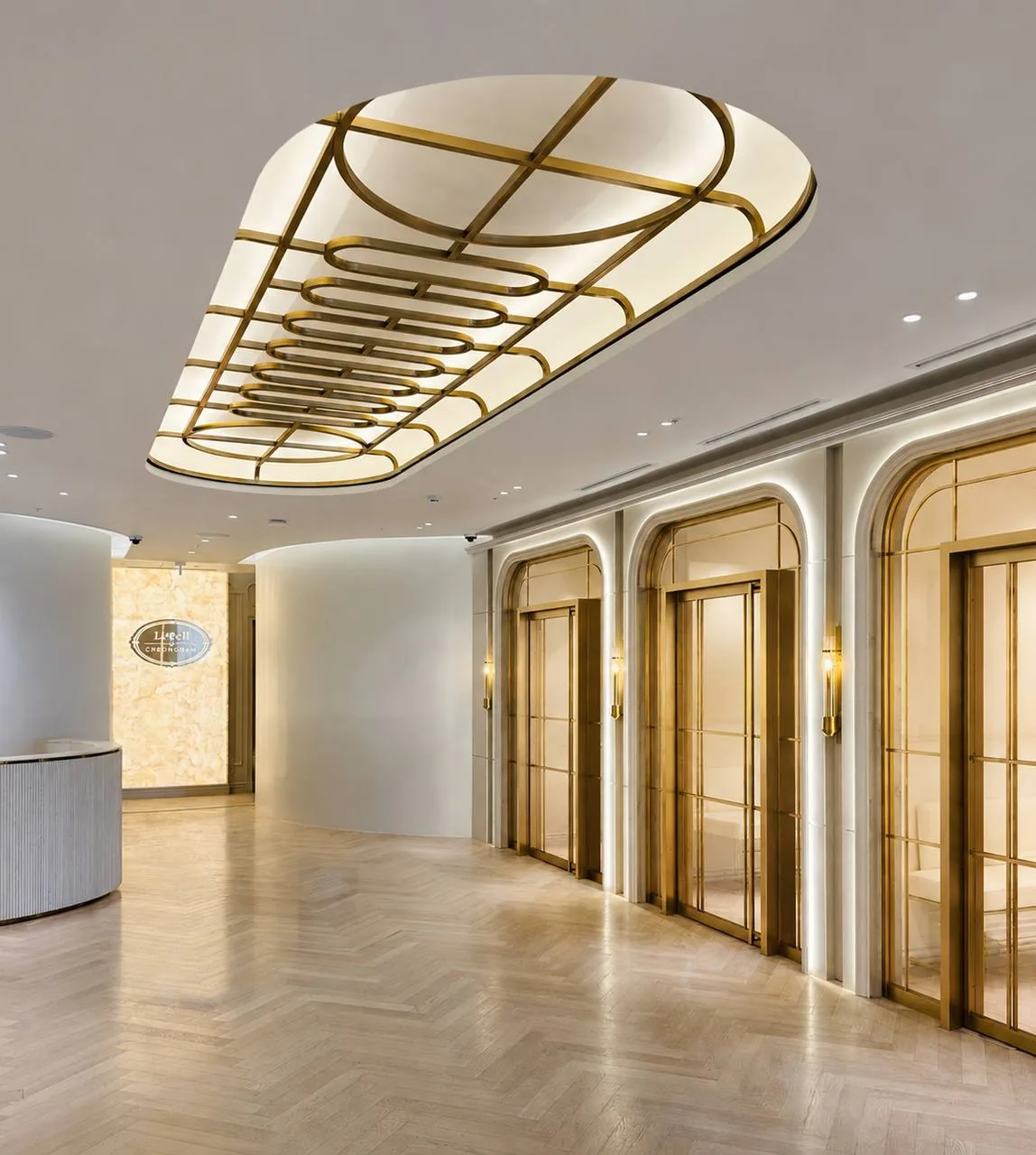 Reception hall beneath a brass oval light
